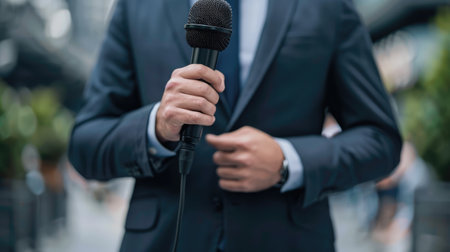 Man in business suit holding a microphone conducting a business interview, journalist reporting, public speaking, press conferenceの素材