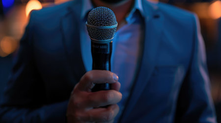 Man in business suit holding a microphone conducting a business interview, journalist reporting, public speaking, press conferenceの素材