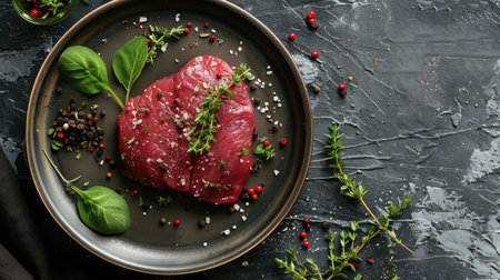 Juicy raw piece of selected veal on a plate with spices and herbs, on a stone background. Veal, steak. Top view.の素材