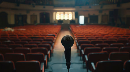 microphone on the stage and empty hall during the rehearsalの素材