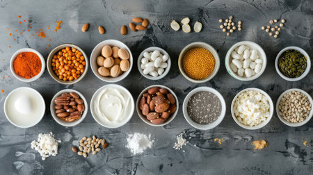 Set of natural food high in protein on grey background, top viewの素材