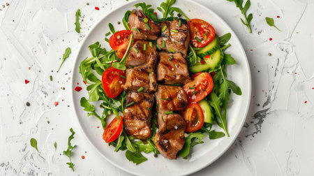 Pork meat grilled with fresh vegetable salad on a white plate. a top view of a horizontalの素材