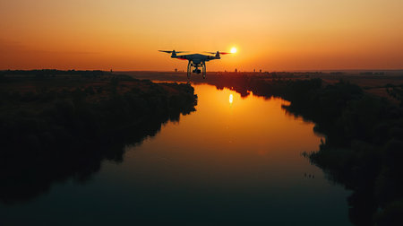 Silhouette Drone flying very high top view river landscape at sunset of take photo and video.の素材