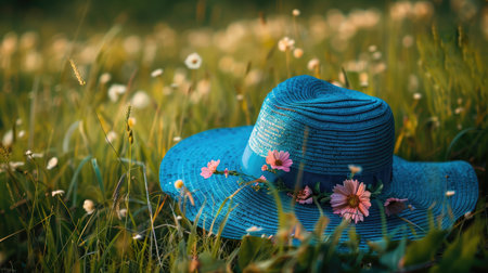 Vintage or retro style image of the blue straw hat with flower on green field and public park.の素材