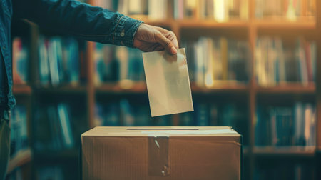 Silhouette of hand holding ballot at ballot box for voting concept.の素材