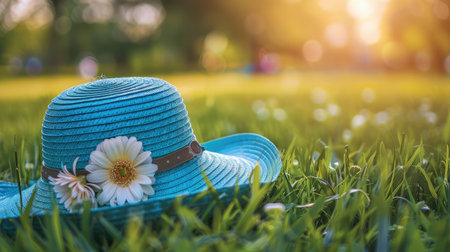 Vintage or retro style image of the blue straw hat with flower on green field and public park.の素材