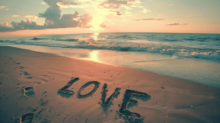 Vintage style photo of LOVE message written on the sand of a beach in morning time. Concept for love or wedding ceremonyの素材