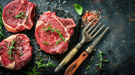 Variety of raw beef meat steaks for grilling with seasoning and utensils on dark rustic boardの素材