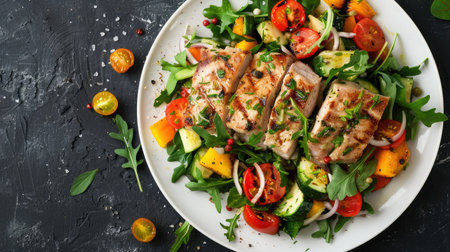 Pork meat grilled with fresh vegetable salad on a white plate. a top view of a horizontalの素材
