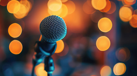 Microphone in concert hall or conference room with defocused bokeh lights in background. Extremely shallow dof.の素材