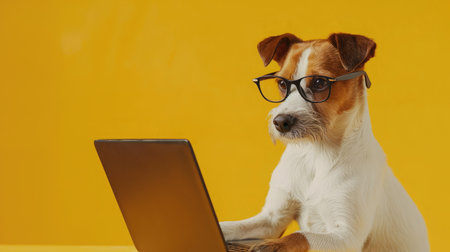 Cute dog looking at laptop in glasses on yellow backgroundの素材