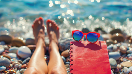 Cropped shot view of beautiful woman's legs on the beach near the sea and little red notepad on which lying fashionable colorful sunglasses, relaxing during summer weekend enjoying good day and sunの素材