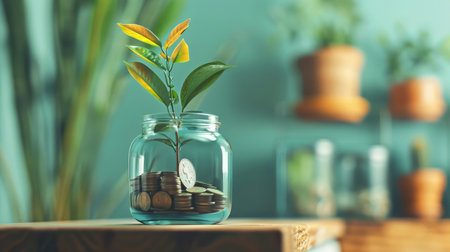 Money growing plant step with deposit coin in bank conceptの素材
