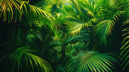 beautiful green jungle of lush palm leaves, palm trees in an exotic tropical forest, wild tropical plants nature concept for panorama wallpaperの素材