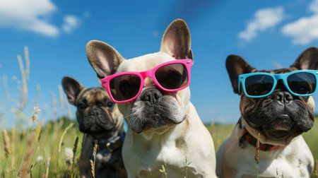 Adorable cute happy French Bulldog dogs wearing sunglasses in summer in front of meadow and blue sky on hot dayの素材