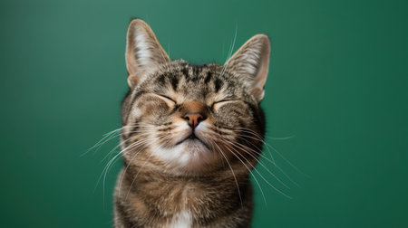 studio headshot portrait of cat smiling against a green backgroundの素材