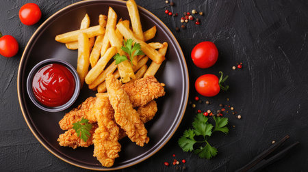 Fried Breaded chicken tender strips with french fries and tomato ketchup on a plate. Dark backgrund. Top view.の素材