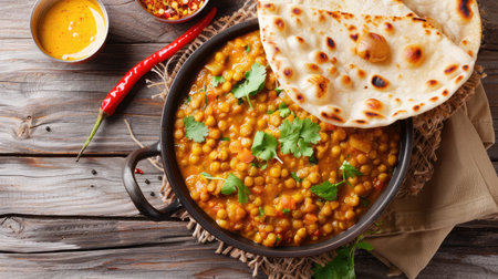 Indian popular food Dal Tadka Curry served with roti flatbread close-up on the table. horizontal top view from aboveの素材