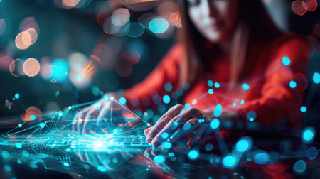 Digital technology, internet network connection, big data, digital marketing things. Woman using modern computer surfing internet futuristic metaverse, innovative technology backgroundの素材