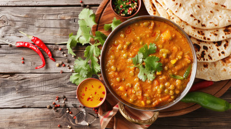 Indian popular food Dal Tadka Curry served with roti flatbread close-up on the table. horizontal top view from aboveの素材