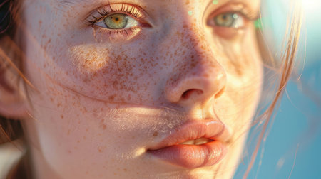 women worry about hot strong sunlight problem with UV rays to make freckles and wrinkles damage face skinの素材