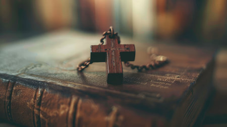 Closeup of simple wooden Christian cross necklace on Bible , vintage tone , godの素材