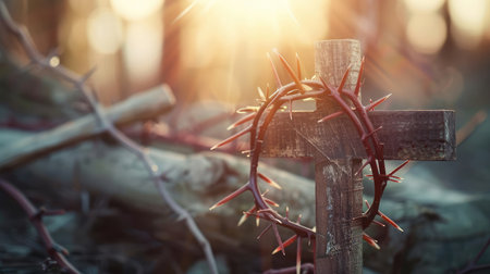 wooden cross and crown of thornsの素材