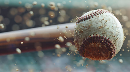 Baseball player hitting ball with bat in close up --ar 16:9 Job ID: d27fbf28-e5c7-445a-9994-f369d5b7e00dの素材