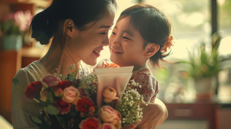 Mother's day two young child cuddle hug give flower gift box to mature mum. Love kiss mom asia people middle aged adult at home cozy dining table nigの素材