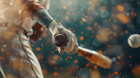 Baseball player hitting ball with bat in close up --ar 16:9 Job ID: d27fbf28-e5c7-445a-9994-f369d5b7e00dの素材