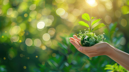 Environment Earth Day In the hands holding green earth on Bokeh green Background, Saving environment, and environmentally sustainable. Save Earth. Concept of the Environment World Earth Dayの素材