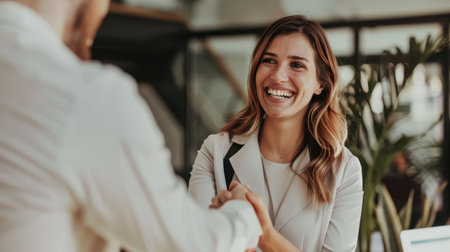 Happy businesswoman doing handshake with man at officeの素材