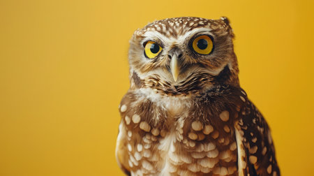 studio headshot portrait owl smiling against a yellow backgroundの素材