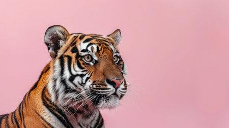 studio headshot portrait tiger smiling against a pink backgroundの素材