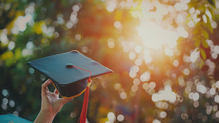 Graduation day, Images of graduates are celebrating graduation put hand up, a certificate and a hat in hand, Happiness feeling, Commencement day, Congratulation --ar 16:9 Job ID: 3664b6c7-8eea-4355-98fe-e7efcae94b6bの素材