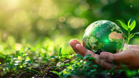Environment Earth Day In the hands holding green earth on Bokeh green Background, Saving environment, and environmentally sustainable. Save Earth. Concept of the Environment World Earth Dayの素材