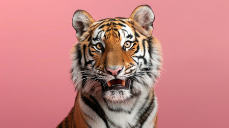 studio headshot portrait tiger smiling against a pink backgroundの素材