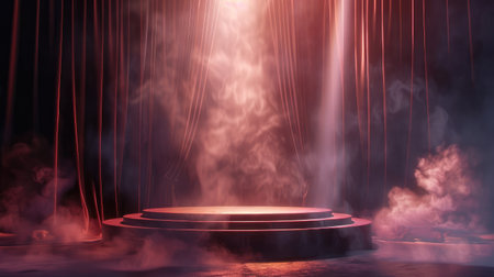 Podium with curtain and smoke. Empty pedestal for award ceremony. Platform illuminated by spotlights.の素材