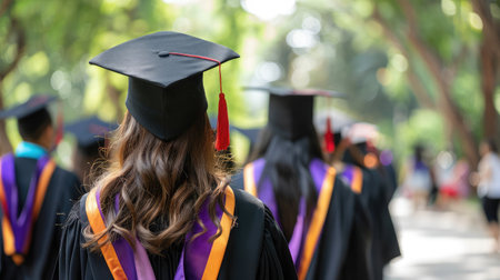 Rear view of university graduates wearing graduation gown and cap in the commencement dayの素材