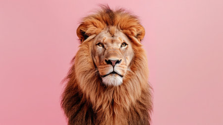 studio headshot portrait lion smiling against a pink backgroundの素材