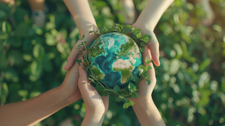 World Earth Day Concept.Hands of People Embracing green earth. Green Energy, ESG, Renewable and Sustainable Resources. Environmental Care.の素材
