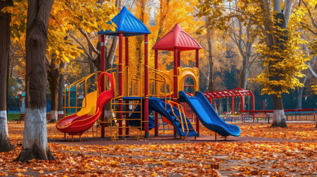 Colorful playground equipment for children in public park at autumnの素材
