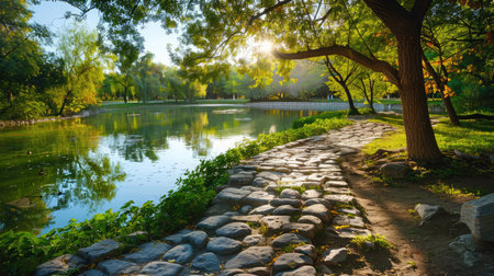 Beautiful colorful summer spring natural landscape with a lake in Park surrounded by green foliage of trees in sunlight and stone path in foreground.の素材