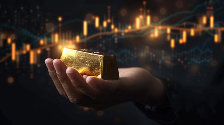 Male hand holding gold ingot and fluctuating gold price chart with rising and falling prices on black background.の素材