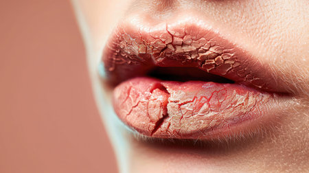 Close up of chapped, cracked lips, dry skin problem with face disease beforeの素材