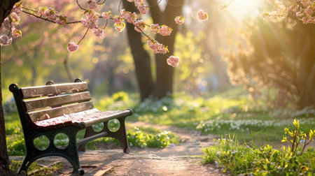 romantic bench in peaceful park in springの素材
