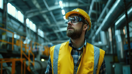 male occupational health and safety officer inside factory doing inspectionの素材