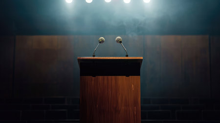 wooden speech podium with three small microphones attached on a dark background spotlitの素材