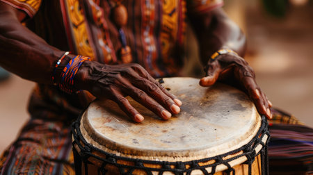 A man playing an ethnic percussion musical instrument jembe. Drummer playing african musicの素材