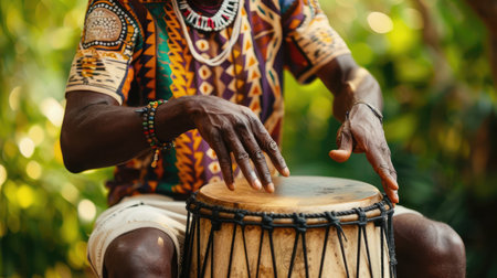 A man playing an ethnic percussion musical instrument jembe. Drummer playing african musicの素材
